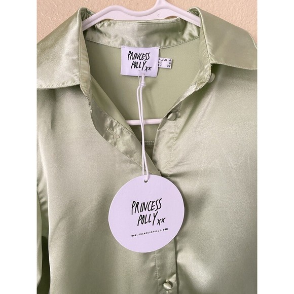 Princess Poly Satin Shirt Mini Dress In Sage Size 0 NWT - Picture 8 of 10